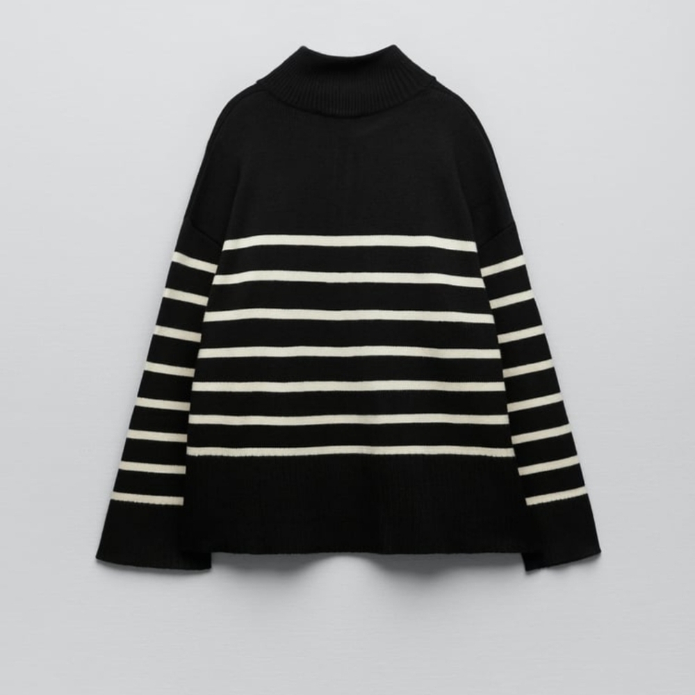 ZARA Zip Black/Whit Knit Striped Sweater Sz XL - Picture 3 of 6